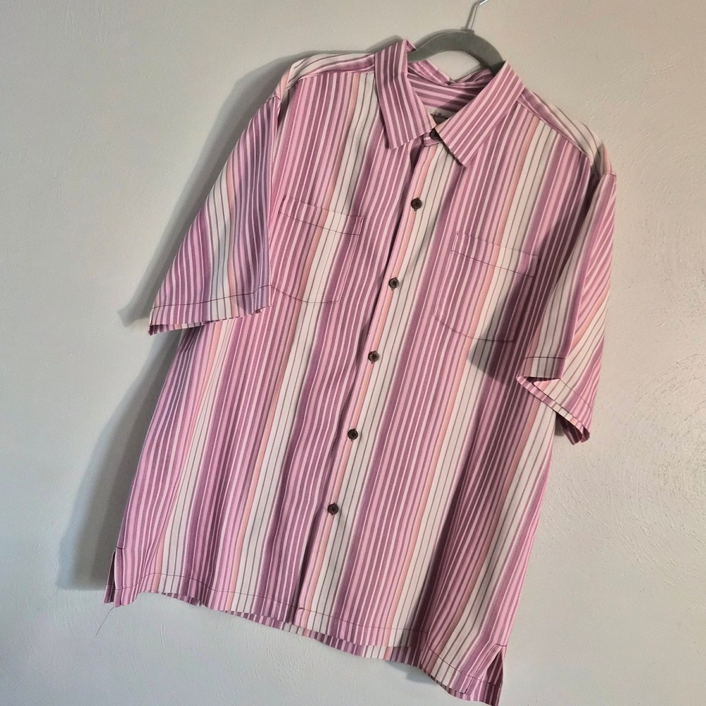 Tommy Bahama Mens 100% Silk Pink Striped Short Sleeve Ribbed Texture Coastal